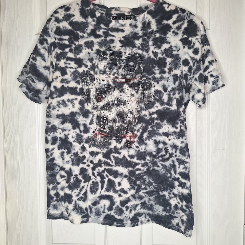 G-Net Tie Dye Men Black White Gray Bulldog with Hat Studded T-Shirt Size XL